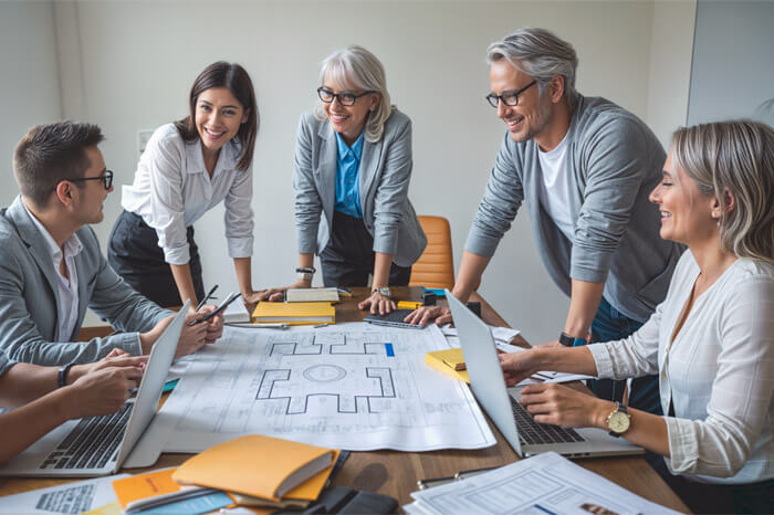 cover photo for management de proiect, most wanted design, cluj, team of five professionals are engaged in a project planning meeting cover photo for management de proiect, most wanted design, cluj, team of five professionals are engaged in a project planning meeting