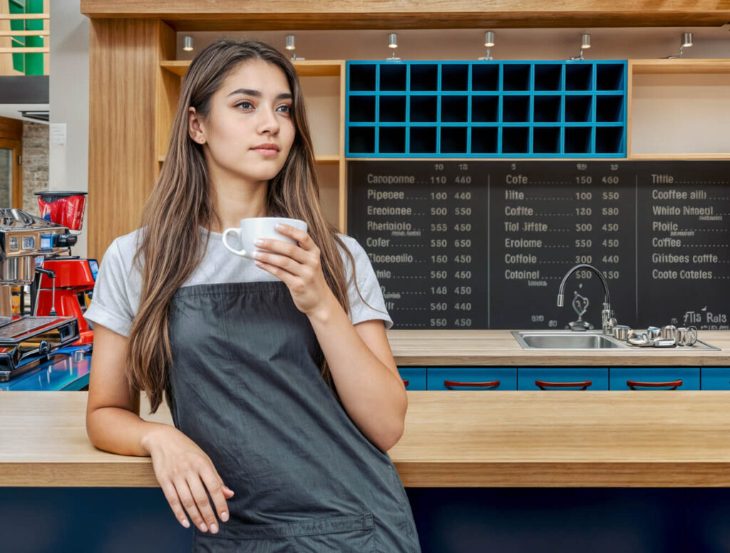 Young woman holding a coffee cup at REFO CAFÉ, standing in a cozy, modern interior.