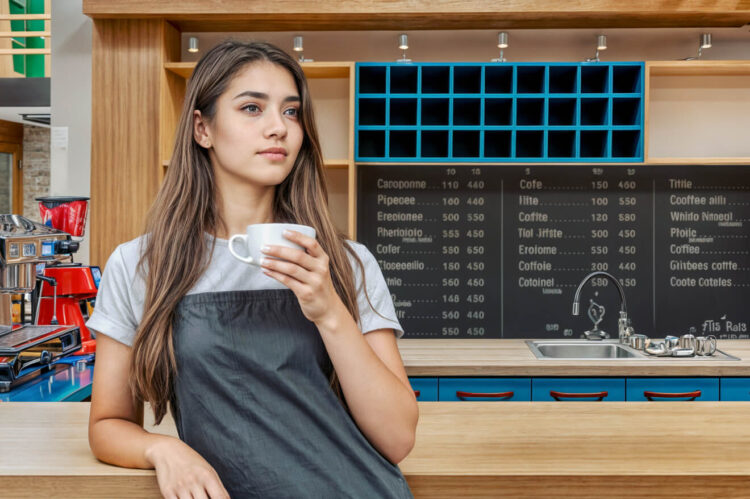 Young woman holding a coffee cup at REFO CAFÉ, standing in a cozy, modern interior.