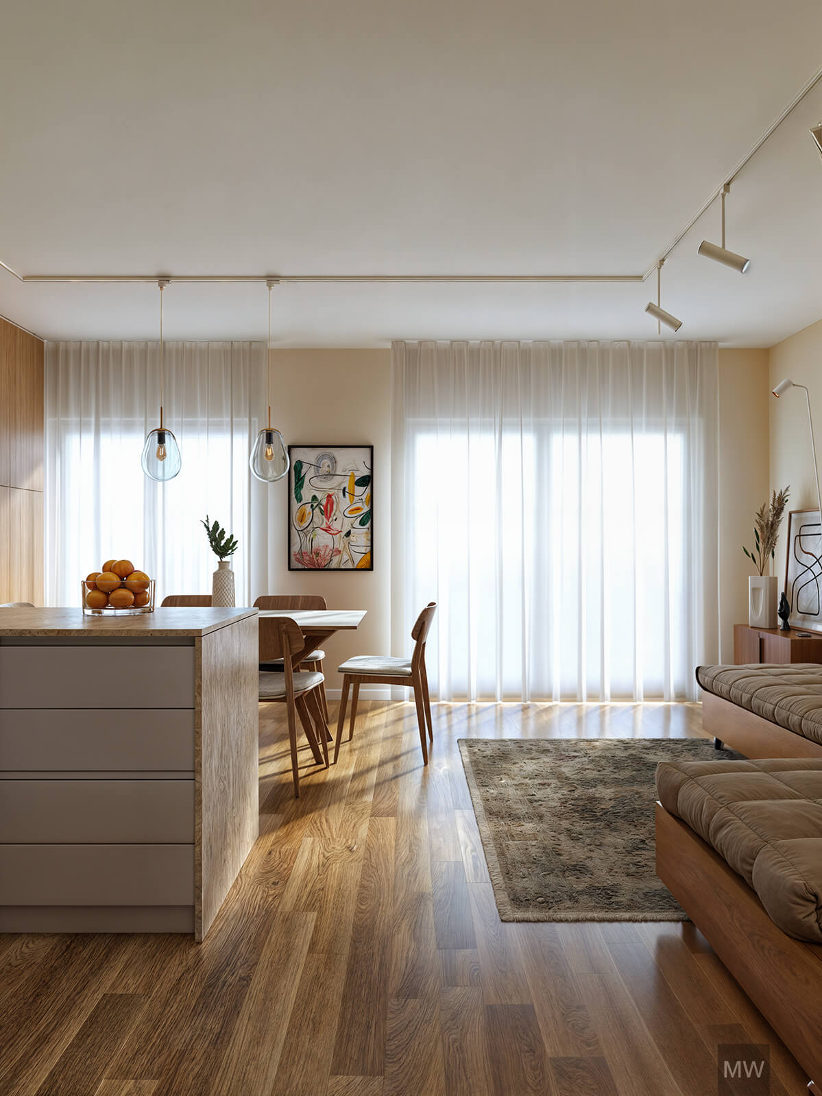Modern Living Space with Kitchen, Dining, and Cozy Seating Area airbnb apartment A modern living space featuring a gray kitchen countertop with a bowl of oranges, wooden cabinets, and pendant lights. Adjacent is a dining area with a wooden table and chairs, and a cozy seating area with a beige sofa and abstract artwork above. The space is flooded with natural light from a large window with white curtains, and the wooden plank floor complements the neutral color scheme. airbnb apartment