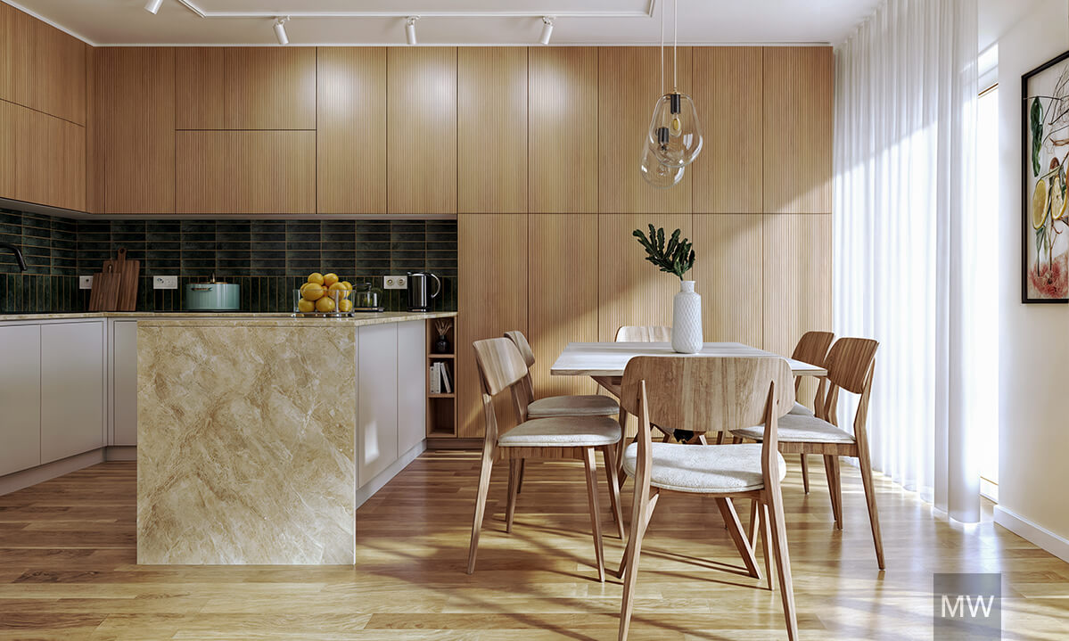 Modern Kitchen and Dining Area with Natural Light airbnb apartment Modern kitchen and dining area with wooden cabinets, marble countertops, green tiled backsplash, pendant lights, and a dining table with a plant vase. airbnb apartment