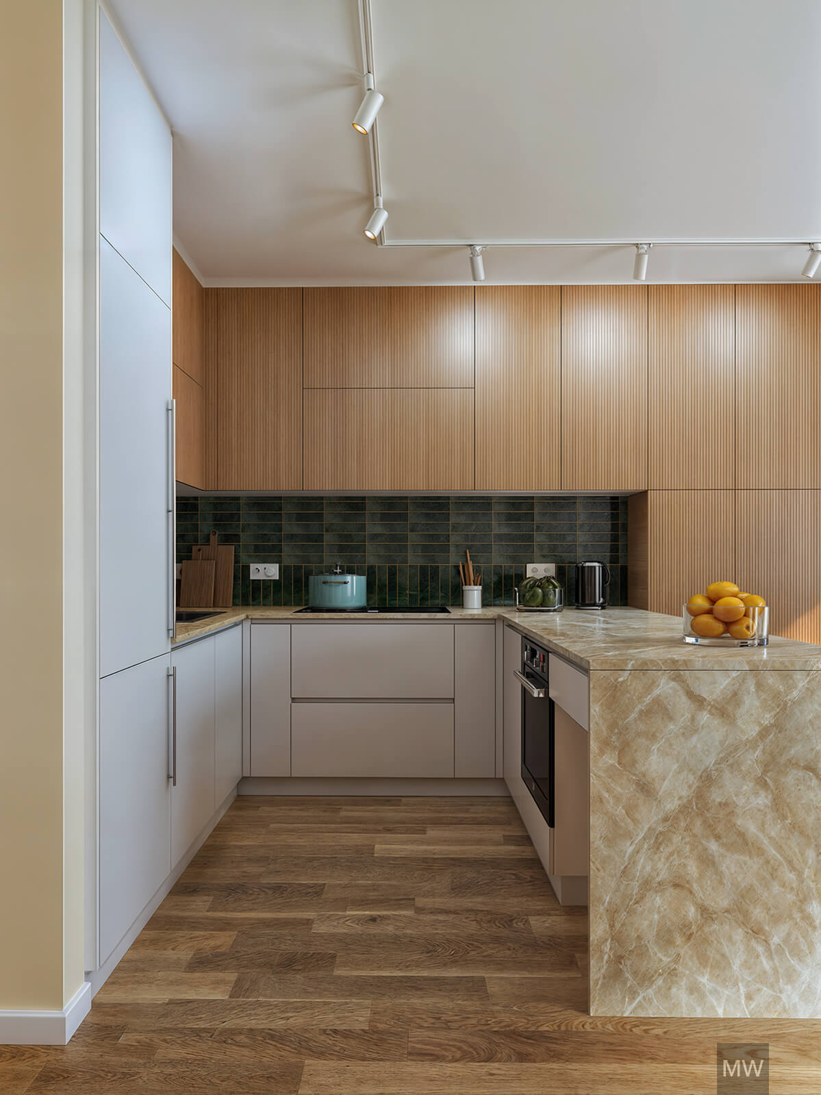Modern Kitchen with White and Wood Accents Modern kitchen with white cabinetry, wooden accent wall, marble countertop, green tiled backsplash, and a bowl of lemons on the countertop.