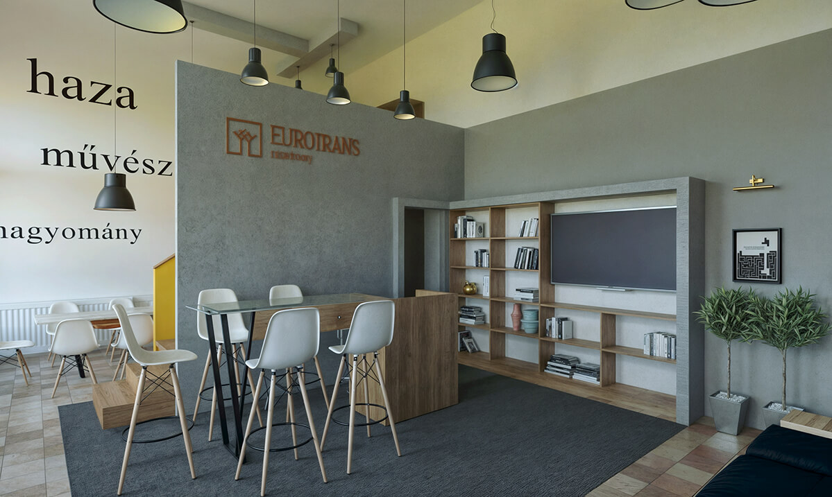 Modern Lounge with Eurotrans Design Elements A modern office or lounge area with white chairs, a wooden table, and a wall featuring foreign text and the word "EUROTRANS."