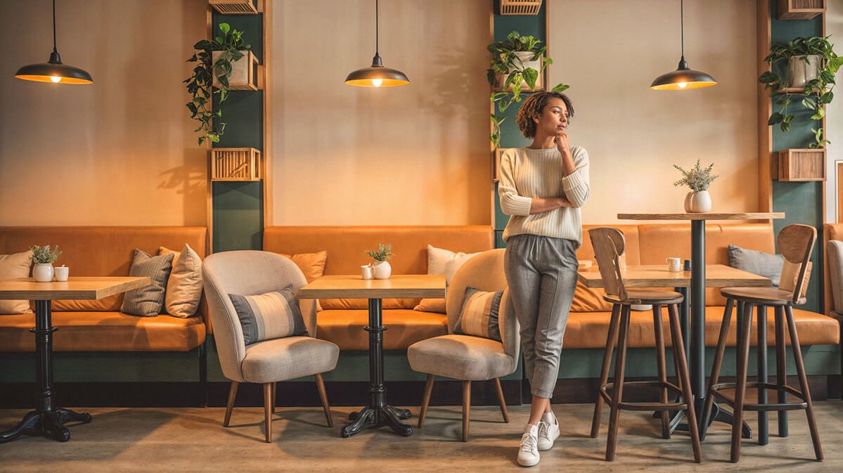 Interior horeca cu Varietate de Șezuturi și Design Relaxant | Most Wanted Design Cluj Interior horeca cu opțiuni de șezut: bancă confortabilă, scaun elegant și masă înaltă cu taburet, o femeie gânditoare în fața lor.