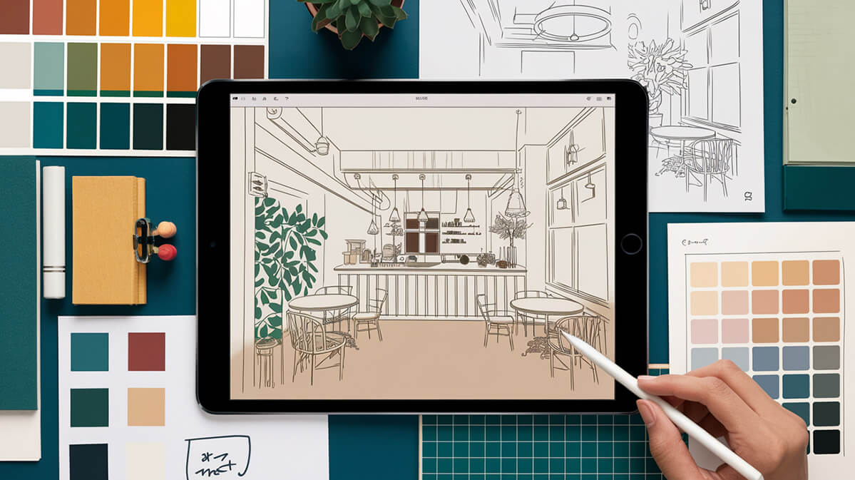 Cafe Interior Sketch on iPad with Moodboard Materials | Most Wanted Design Cluj iPad displaying a cafe interior sketch with tables, counter, and plants, placed on an organized desk with a stylus, moodboard samples, and materials.