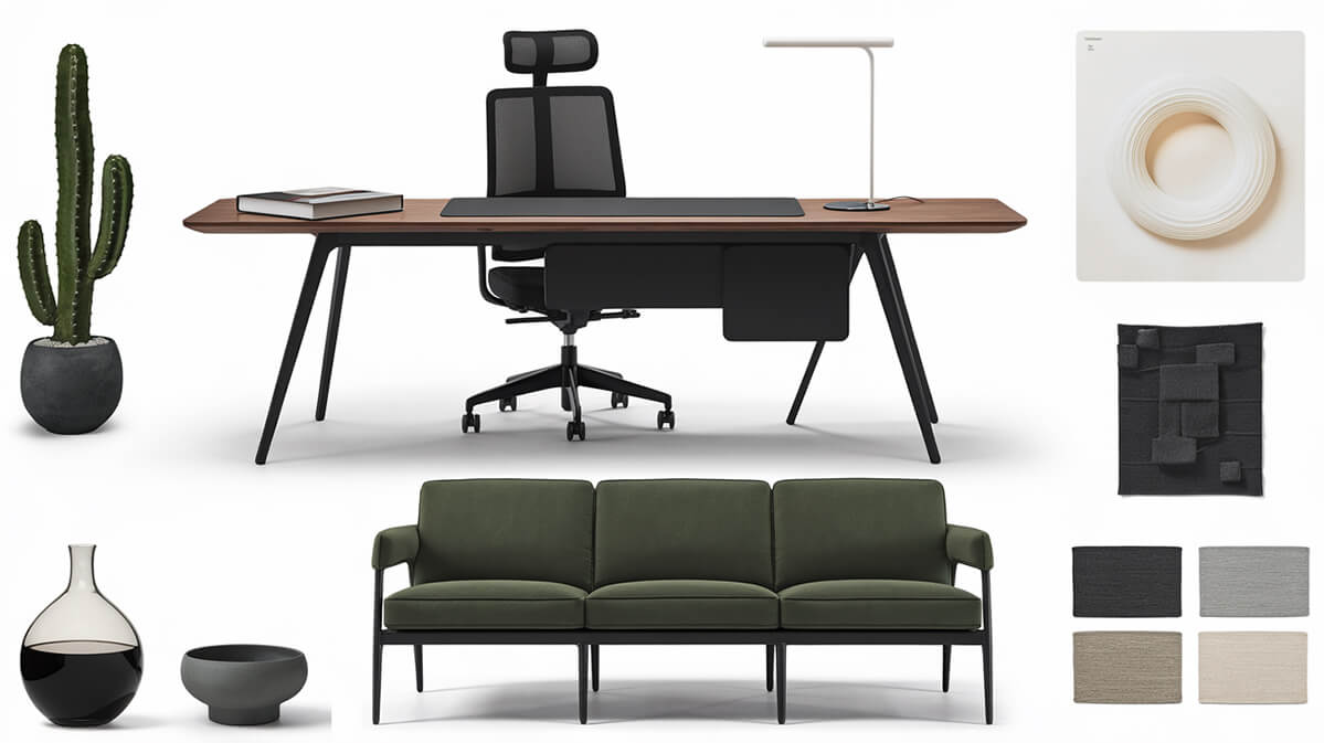 Spațiu de birou modern cu design minimalist și accente naturale Office design Birou modern cu blat din lemn și bază neagră, însoțit de un scaun pivotant și accente decorative naturale. Office design