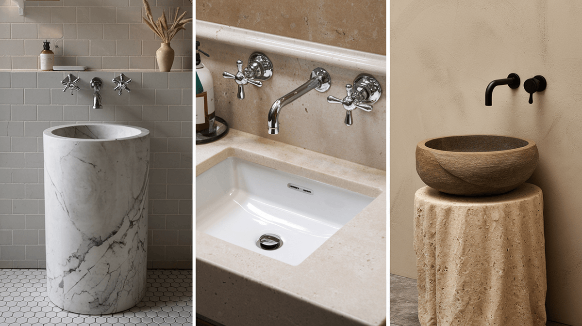Elegant Bathroom Sink and Wall-Mounted Tap Combinations | Most Wanted Design Cluj înălțimea robinetelor montate pe perete Collage of three bathroom sink designs with wall-mounted taps: matte black ceramic, white inset ceramic, and natural stone sink. înălțimea robinetelor montate pe perete