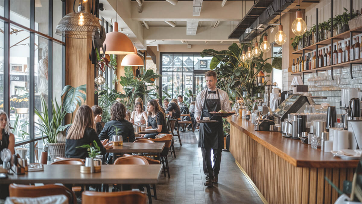 Cozy and Modern Cafe Interior with Wooden Accents and Pendant Lights | Most Wanted Design Cluj Cozy cafe interior with wooden accents, pendant lights, plants, and a waiter serving drinks at a long counter.