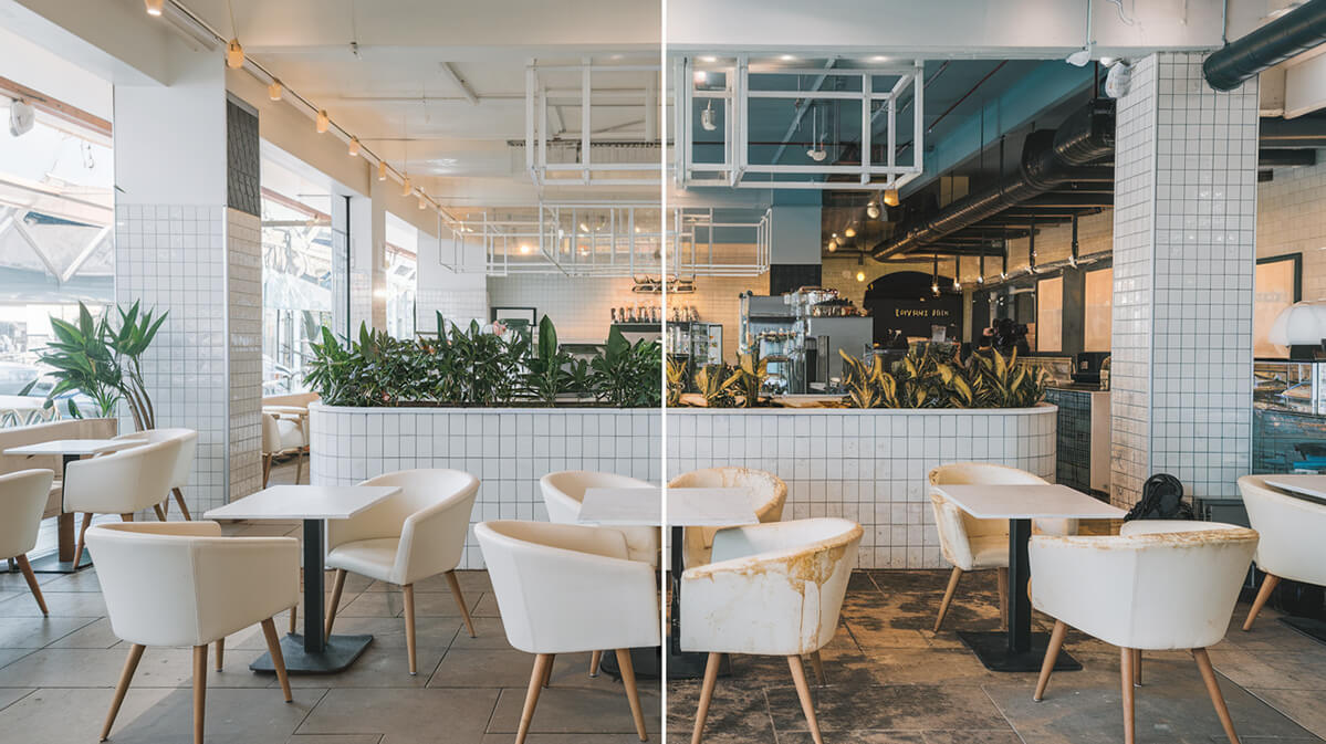 A Tale of Two Interiors: Fresh vs. Unkempt A modern interior split into two sides: one side shows a clean, fresh environment with white furniture and vibrant plants, while the other side shows an unkempt, worn-down space with stained furniture and wilted plants.