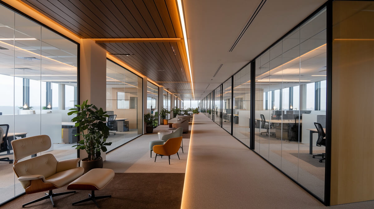 Coridor elegant în birou modern, cu design rafinat și iluminat cald Coridor modern de birou cu finisaje din sticlă și accente de lemn.