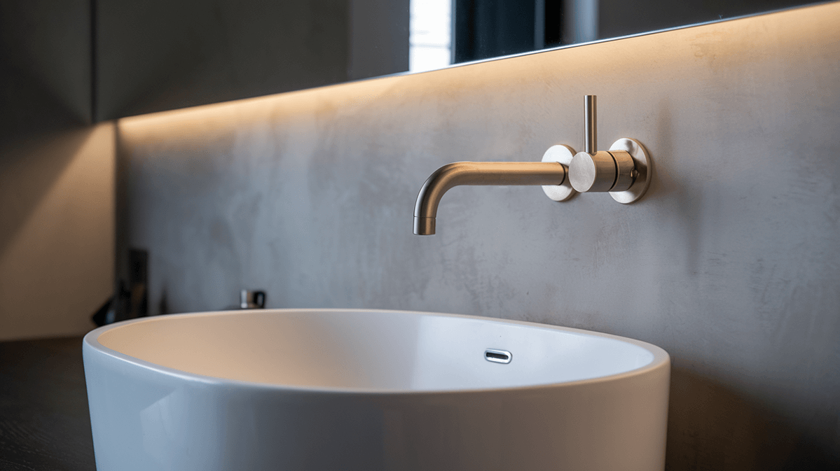 Modern Bathroom Design with Oval Basin and Minimalist Faucet | Most Wanted Design Cluj Modern bathroom with white oval basin, wall-mounted minimalist faucet on textured gray wall, and soft ambient lighting.