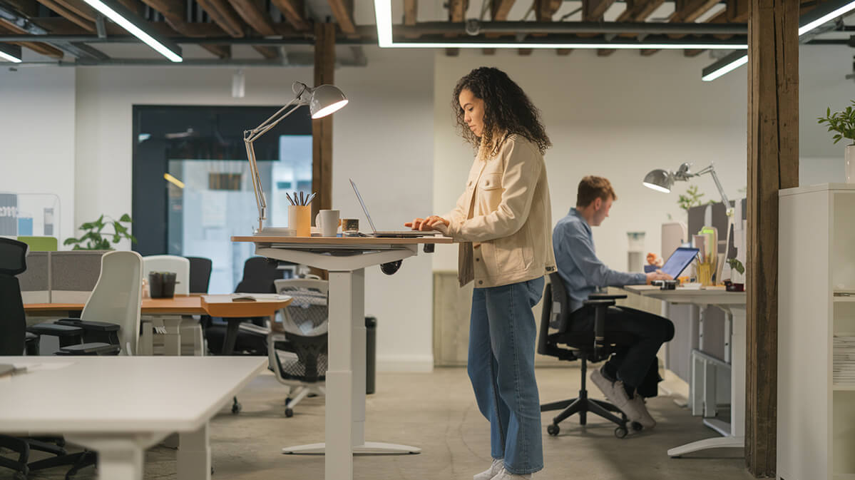 Spațiu de birou modern cu femeie lucrând la un birou reglabil Office design O femeie la un birou reglabil pe înălțime, într-un spațiu de lucru modern cu mobilier alb și gri. Office design