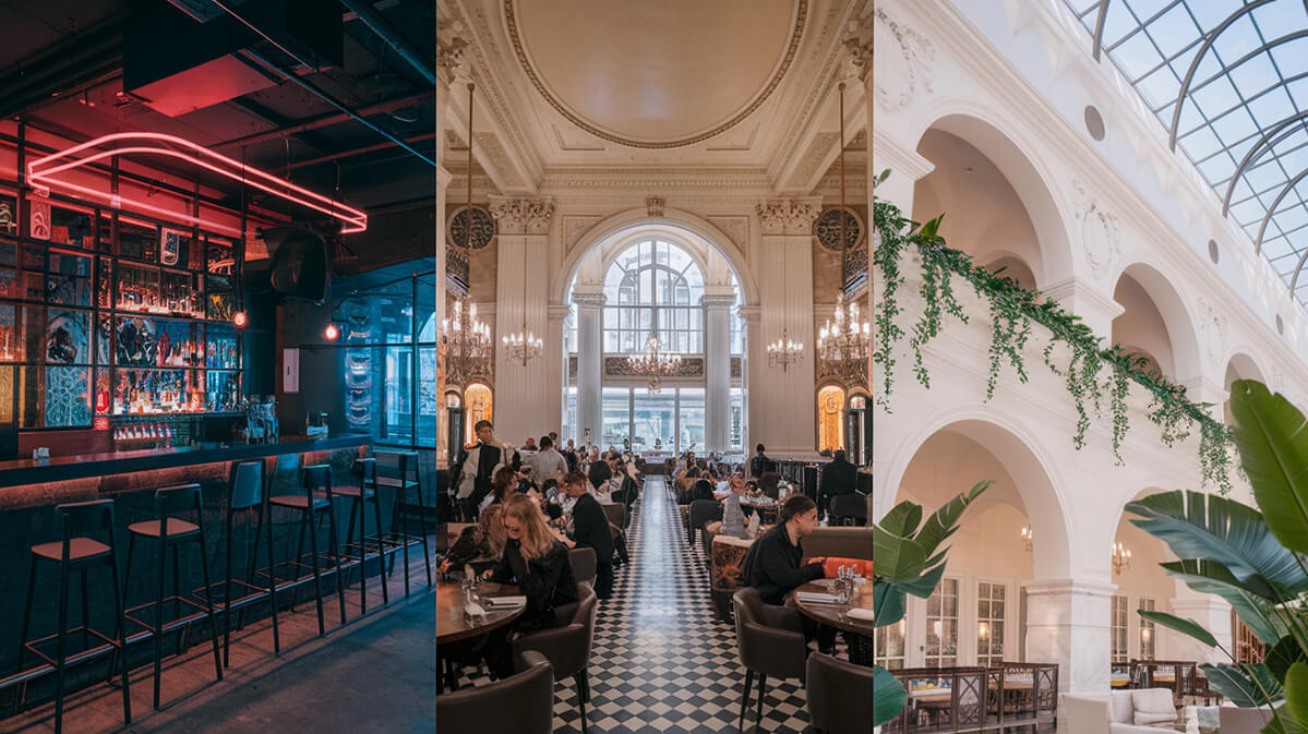 Comparație între Designuri Interioare: Modern, Opulent și Aerisit | Most Wanted Design Imagine cu trei spații interioare distincte: un bar modern, un restaurant opulent și un spațiu aerisit cu lumină naturală.