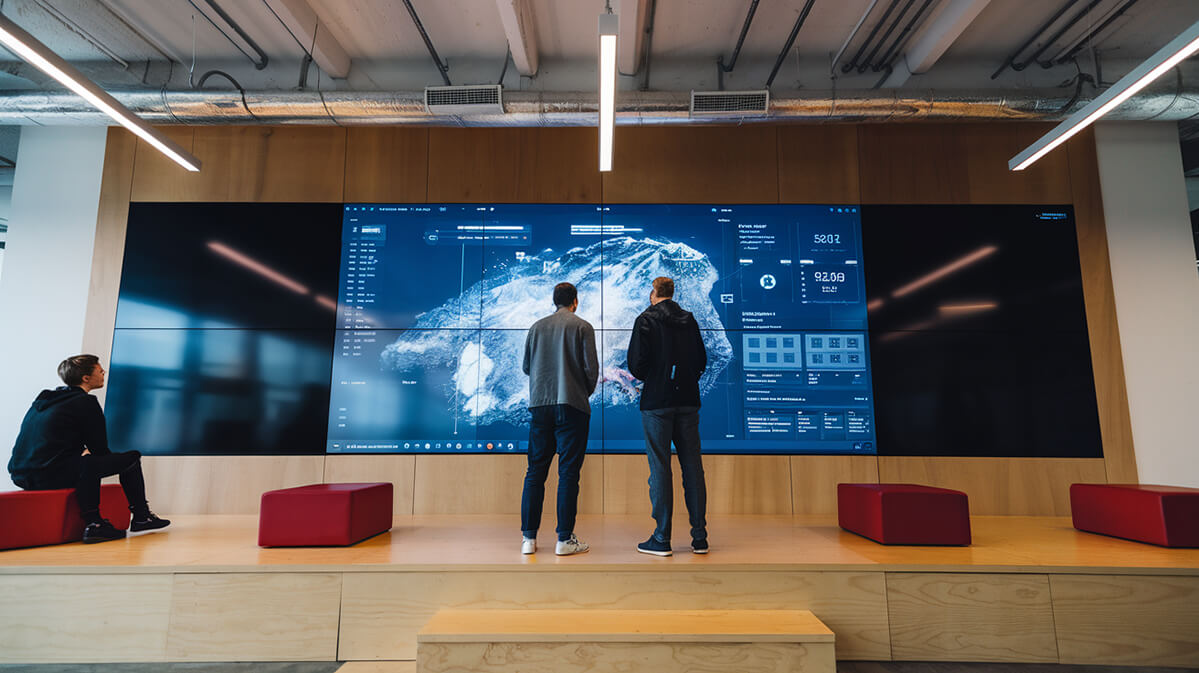 Collaborative Tech Space with Data Visualization Office design A modern tech-centric office with a large screen displaying data visuals, individuals interacting, and red benches below the screen. Office design