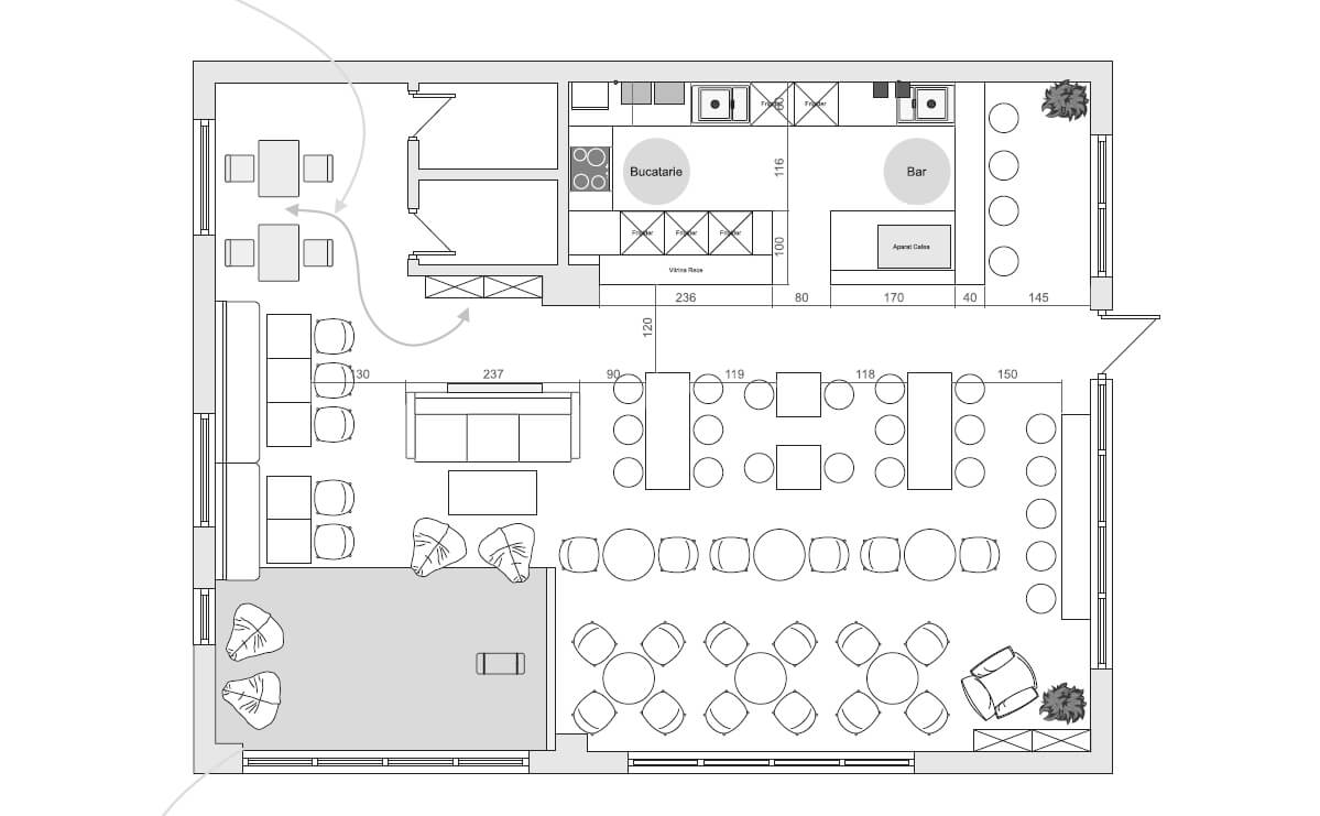 Plan de amenajare restaurant cu zone delimitate și flux optimizat | Most Wanted Design Cluj Planșă cu planul unui restaurant sau cafenea, incluzând zone de mese, bar, bucătărie, și o zonă pentru copii, cu dimensiuni și săgeți de flux.