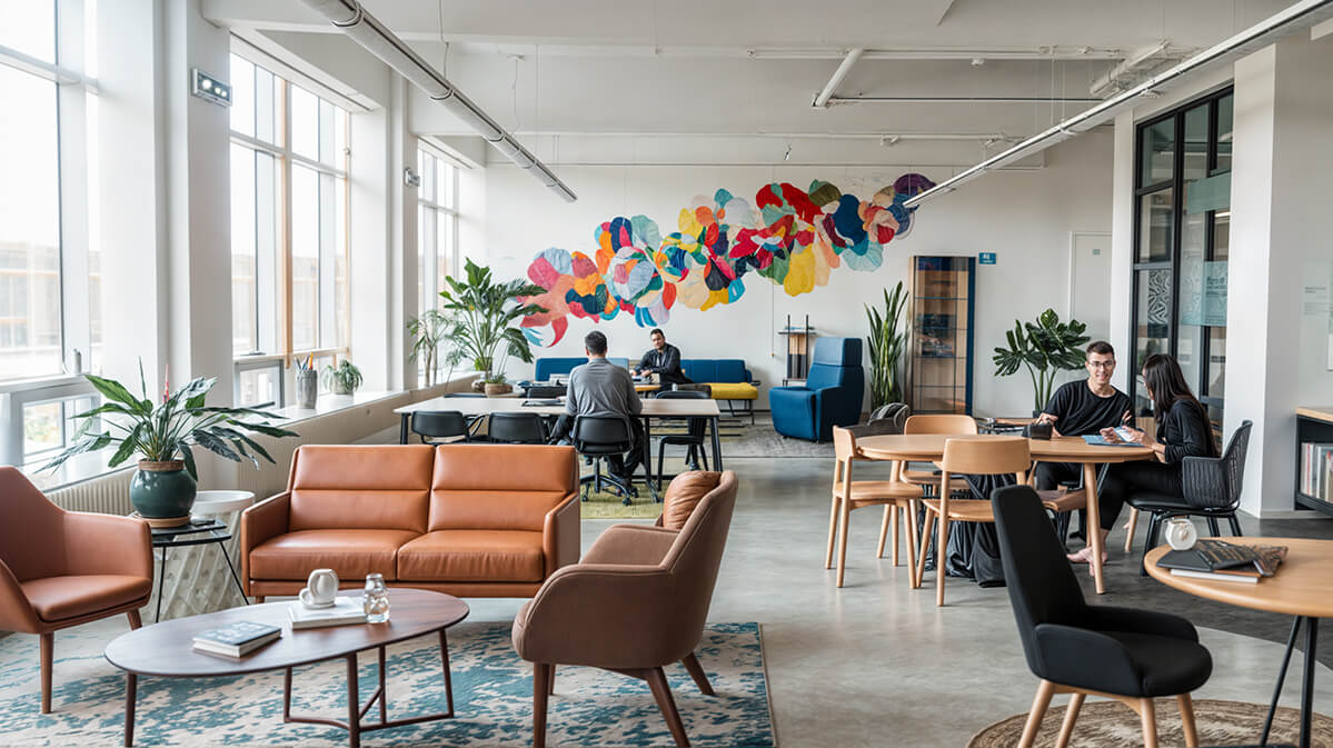 Modern Co-Working Space with Natural Light and Vibrant Decor A modern co-working space with large windows, colorful abstract wall art, and comfortable seating for a creative and collaborative atmosphere.