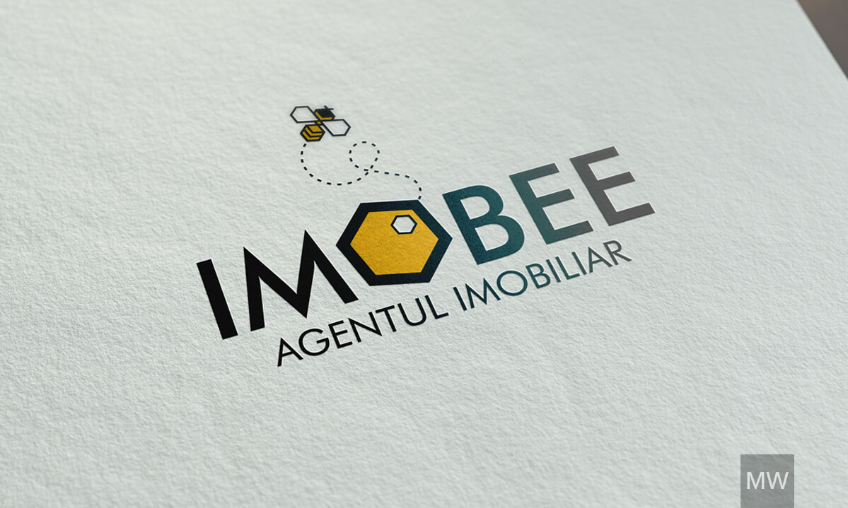 IMOBEE Logo with Beehive and Bee Symbol A modern logo design on a textured white background, showcasing 'IMOBEE' in bold letters with a yellow-and-black bee flying out of a stylized beehive, accompanied by the tagline 'AGENTUL IMOBILAR.'