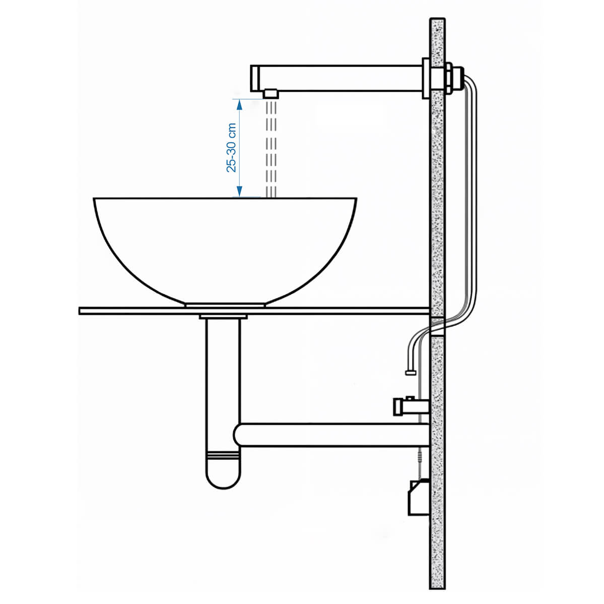 Sleek Modern Faucet with Wall-Mounted Design | Most Wanted Design Cluj Modern bathroom faucet mounted on a vertical pipe with drainage, sleek spout, and measurement indicator on a wall-mounted setup.