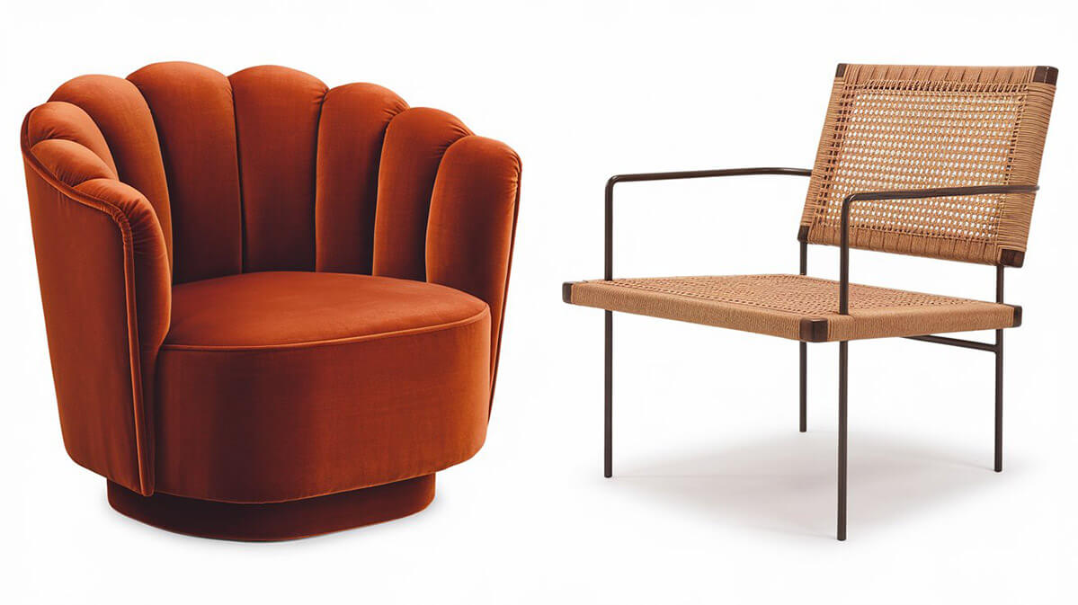 Contrast între eleganță catifelată și design modern. Două scaune distincte, unul din catifea portocalie, altul metalic cu design modern.