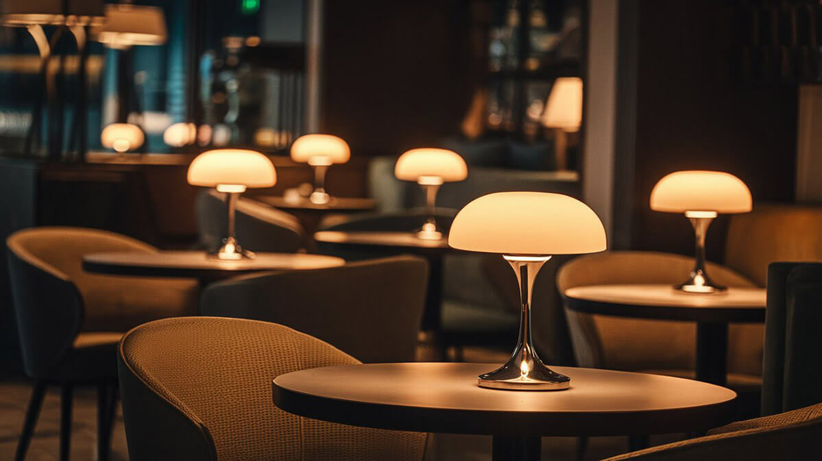 Cafenea rafinată cu iluminare intimă și design contemporan Interior sofisticat de cafenea cu zone de iluminare intimă create de lămpi elegante de masă. Lumina caldă subliniază aranjamentele confortabile, ideale pentru conversații private.