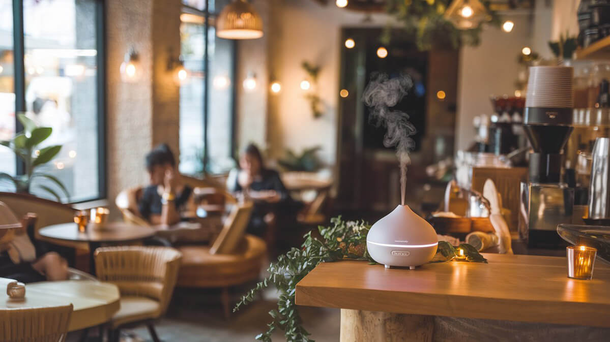 Atmosferă rafinată și relaxare aromatică într-o cafenea cozy Interior de cafenea cozy și elegantă, cu tonuri calde, lumini blânde și texturi naturale, completat de un difuzor de uleiuri esențiale pe un tejghea din lemn.