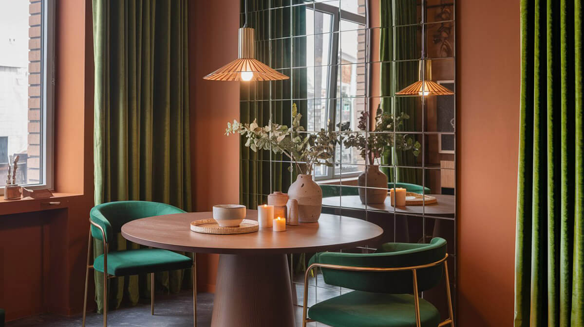 Design interior sofisticat cu perete portocaliu ars și detalii aurii Interior rafinat cu perete portocaliu ars și elemente elegante.