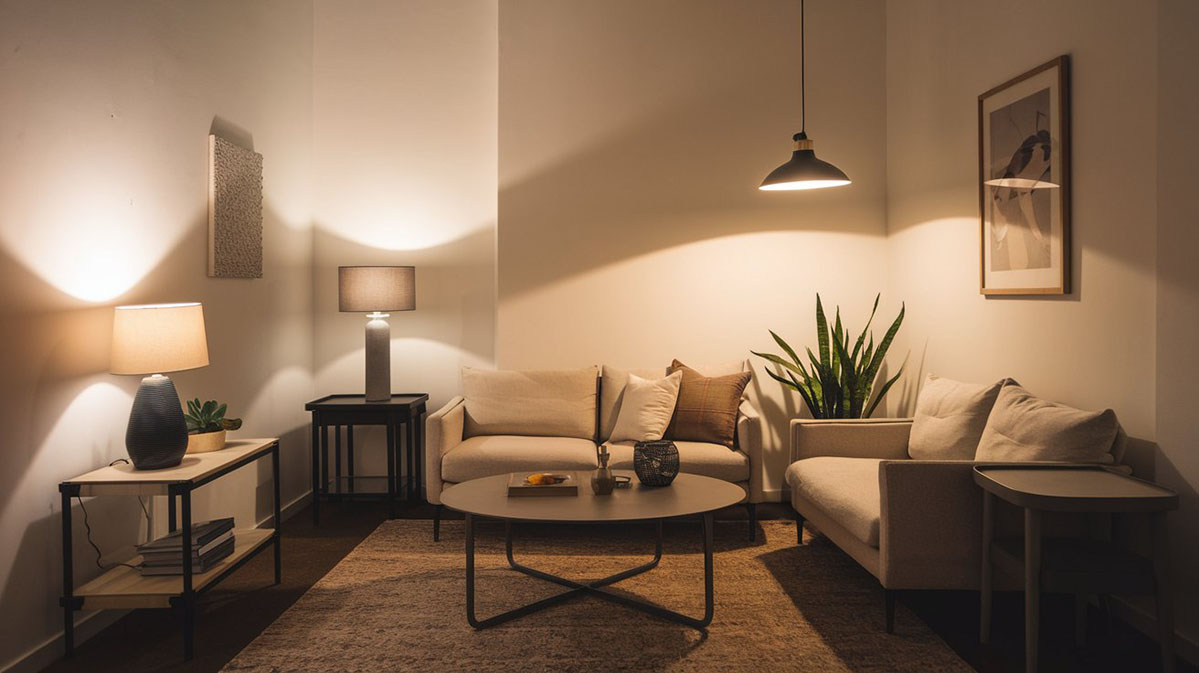 Design modern de living mic cu accente de iluminare. Living modern cu mobilier simplu și iluminare caldă.