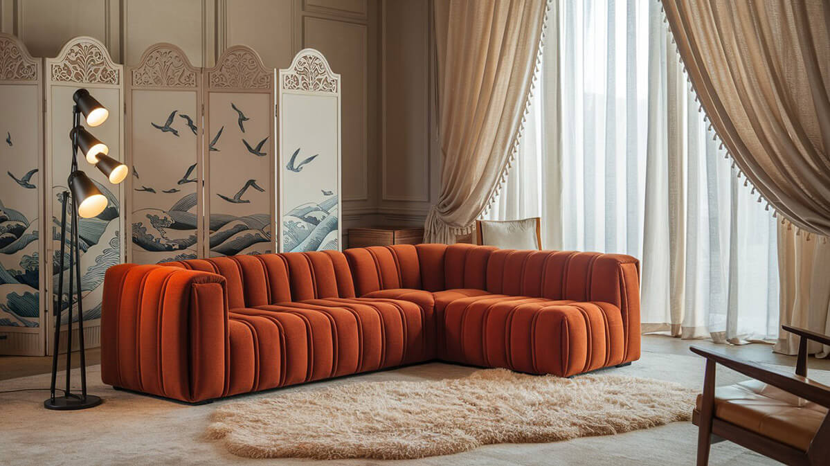 Design rafinat de living cu accente de artă și mobilier vibrant. Living elegant cu o canapea sectională în nuanță portocaliu-ars.