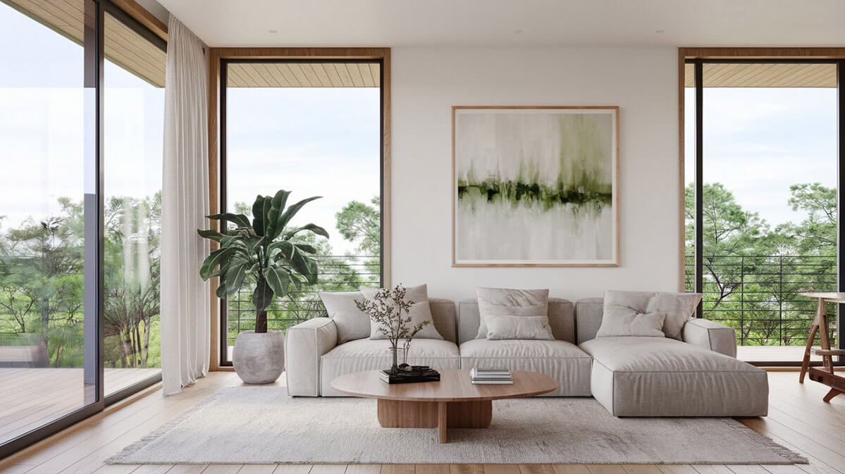 Design contemporan cu elemente naturale și iluminare amplă. Living modern cu ferestre mari și vedere spre natură.