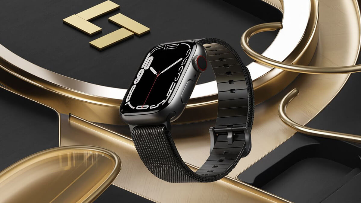 Interactive 3D Smartwatch Advertisement A 3D render of a black and gold smartwatch in a virtual environment, with interactive features for rotating, zooming, and exploring.