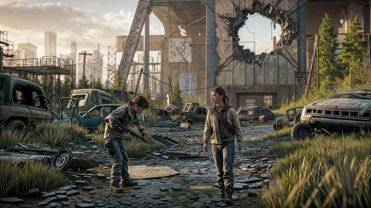 Post-Apocalyptic Gaming Scene A post-apocalyptic gaming environment with ruined city structures, debris-covered ground, abandoned vehicles, and intricate character designs, lit by soft, moody lighting.