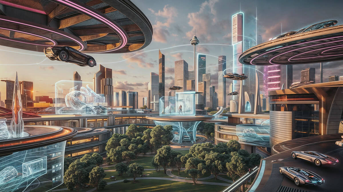 Futuristic Cityscape with Flying Cars A 3D visualization of a futuristic city with flying cars and towering skyscrapers. Multiple city levels feature holographic ads, floating platforms, and lush parks on the ground. The neon-lit skyline glows in vibrant shades of orange, pink, blue, and purple, evoking a mix of warm and cool tones.