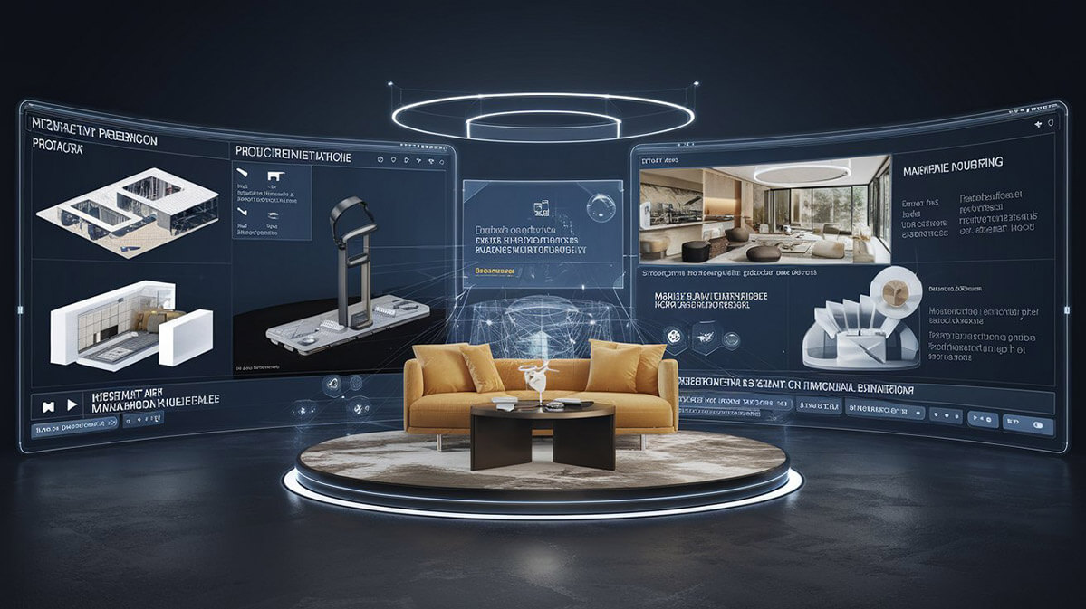 Exploring the Power of 3D Visualization A 3D visualization showcasing innovative applications across industries, featuring lifelike models such as architectural designs, product renderings, and interactive data visualizations. The scene includes VR and AR platforms and a dynamic virtual showroom.