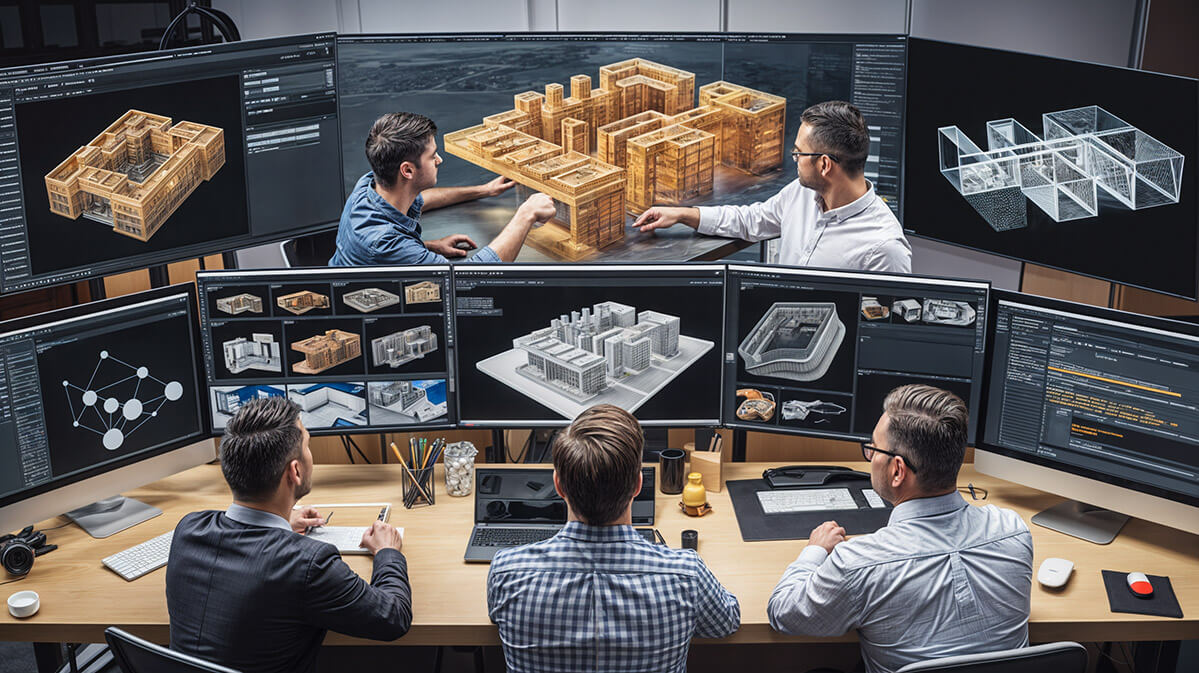 3D Visualization Studio Collaboration in Action A collaborative 3D visualization studio with a team of designers working on detailed models and renderings, with multiple screens and a project brief.