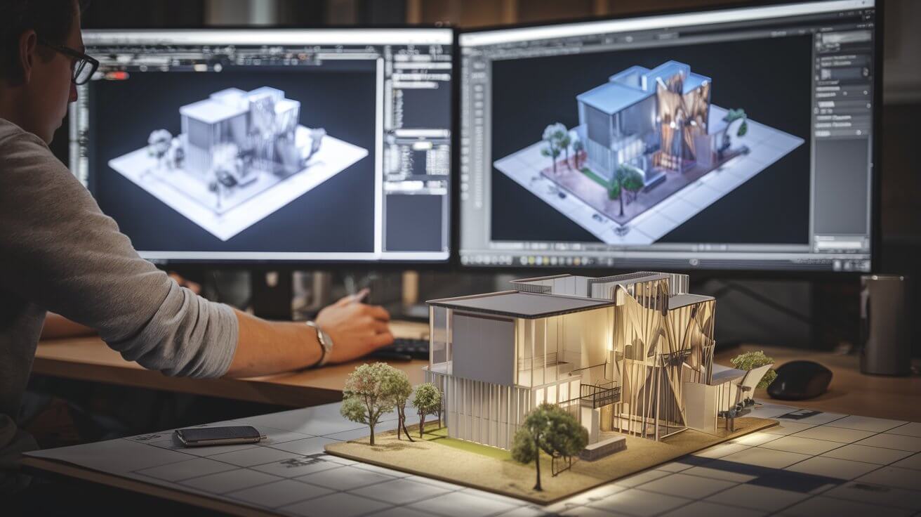 3D Visualization Workflow: From Modeling to Final Rendering An artist working on a 3D architectural model displayed on a large screen, with a textured and lit version visible nearby and a high-resolution rendering in the background.