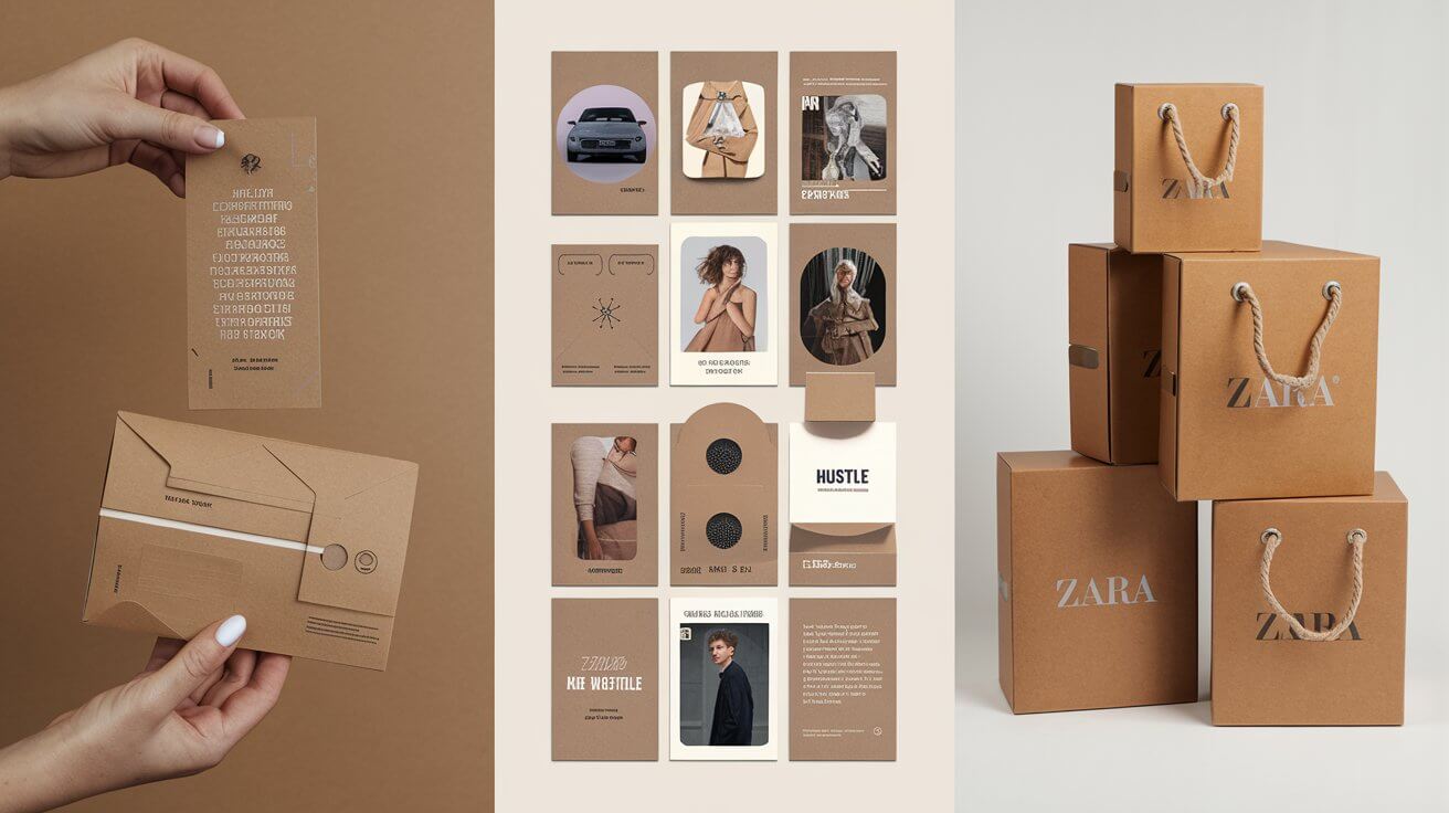Materiale promoționale cu design minimalist O colecție de carduri și cutii în tonuri de maro. În stânga, o mână ține un card alungit cu text și un design decupat unic. În centru, un colaj de carduri prezintă imagini variate, precum o mașină, o femeie în rochie și cuvântul „hustle”. În dreapta, cutii stivuite cu „ZARA” vizibil pe una dintre ele, având mânere din sfoară și eticheta „PAPER BAG”. Tema generală sugerează materiale promoționale, posibil pentru un brand de modă.