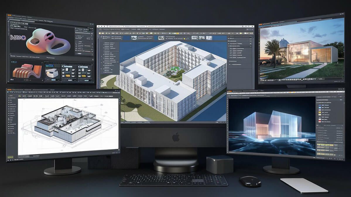3D Visualization Tools in Action A digital workspace with multiple 3D visualization software interfaces open on a computer screen, showing Blender, Autodesk Revit, SketchUp, V-Ray, and Lumion tools.