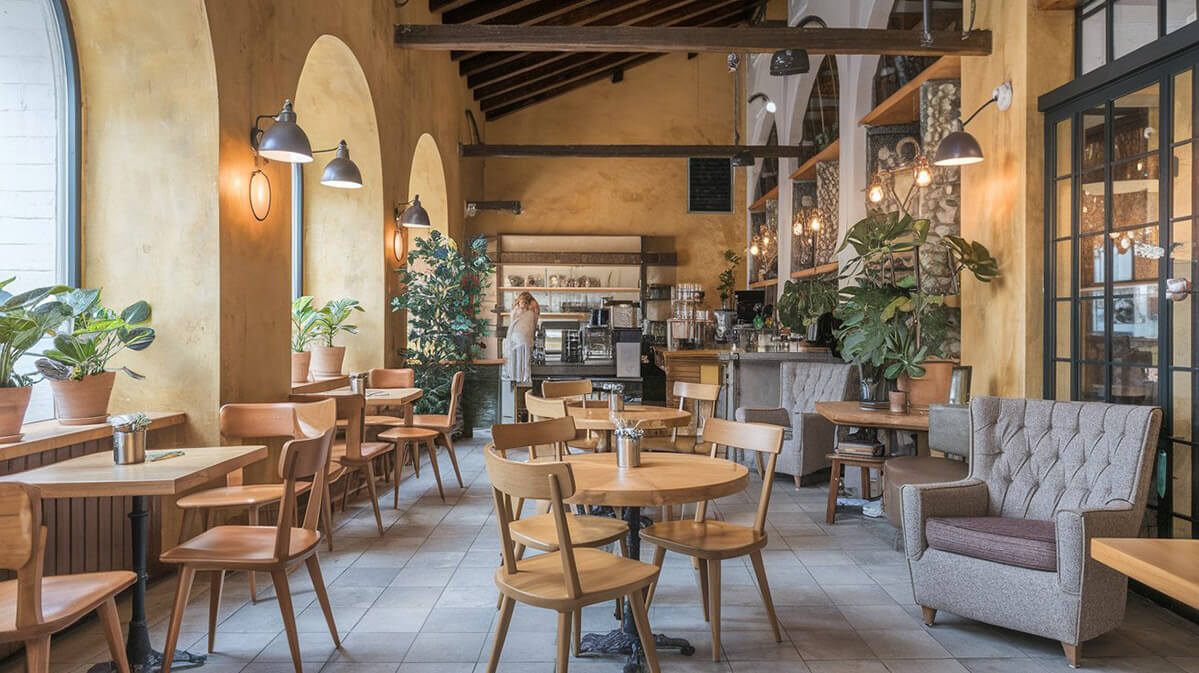 Interior fermecător de cafenea cu mobilă din lemn natural O fotografie a unui interior fermecător de cafenea, mobilat cu piese naturale din lemn. Spațiul combină stiluri eclectice, cu scaune elegante din lemn și fotolii tapițate confortabile.