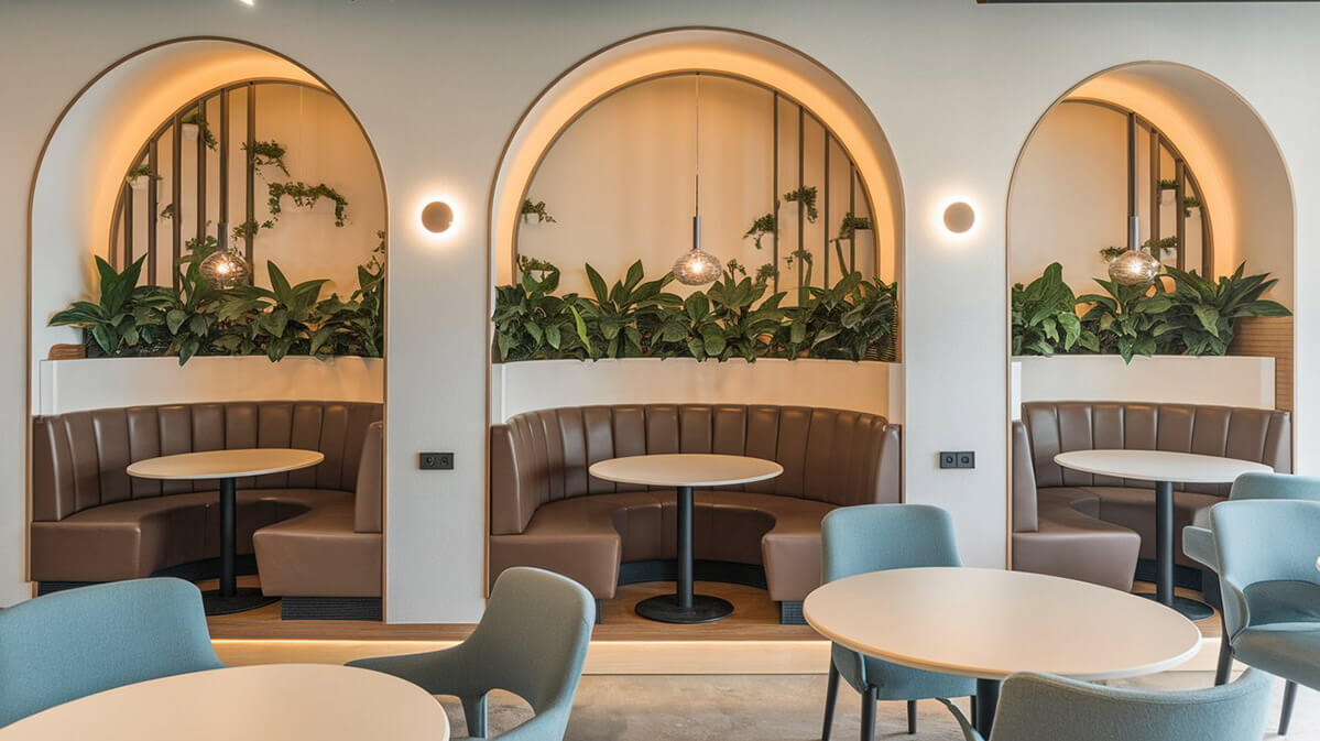 Cafenea modernă cu zone izolate pentru întâlniri și productivitate Interior modern de cafenea cu zone intime perfecte pentru întâlniri și lucru concentrat.