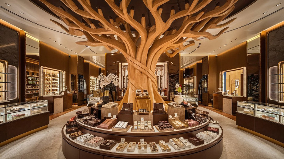 Luxurious Boutique with a Grand Central Display An opulent boutique interior featuring a grand wooden sculpture resembling a tree at the center, surrounded by a circular platform with luxurious chocolates and confections.