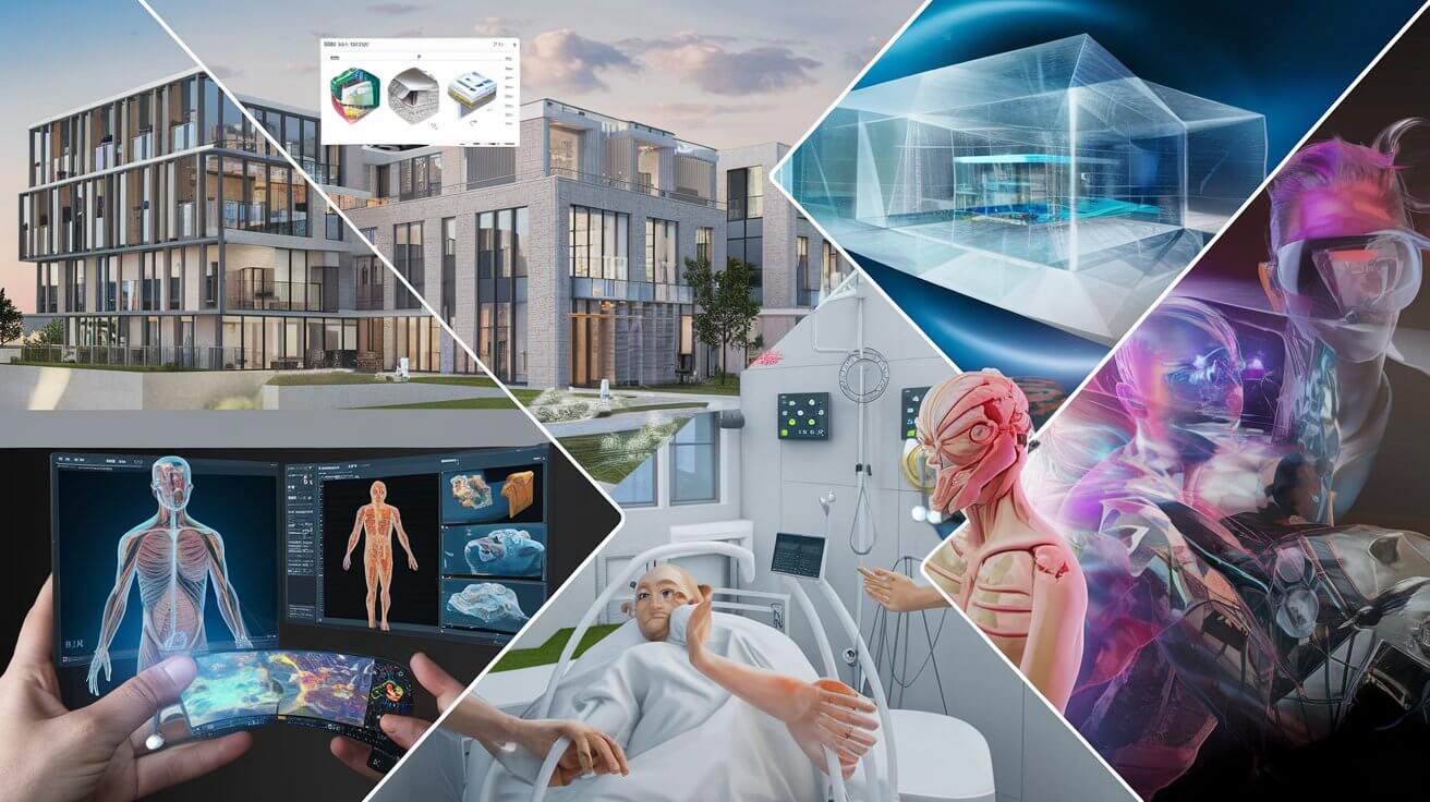 3D Visualization Across Industries A composition highlighting the applications of 3D visualization in architecture, healthcare, and entertainment. Features include a modern building's interactive rendering, 3D anatomy models for medical use, and a vibrant gaming environment with lifelike characters.