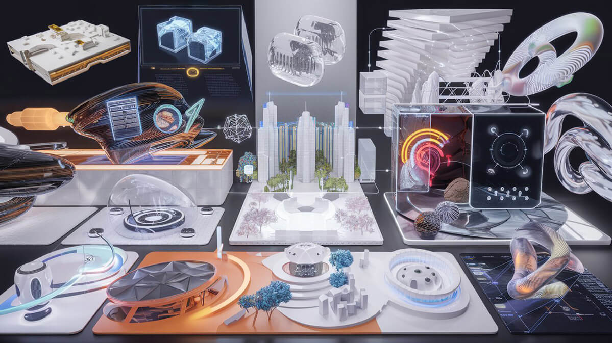 Boundless Possibilities of 3D Visualization An expansive 3D visualization scene showcasing dynamic models, from futuristic architecture to immersive VR/AR environments.