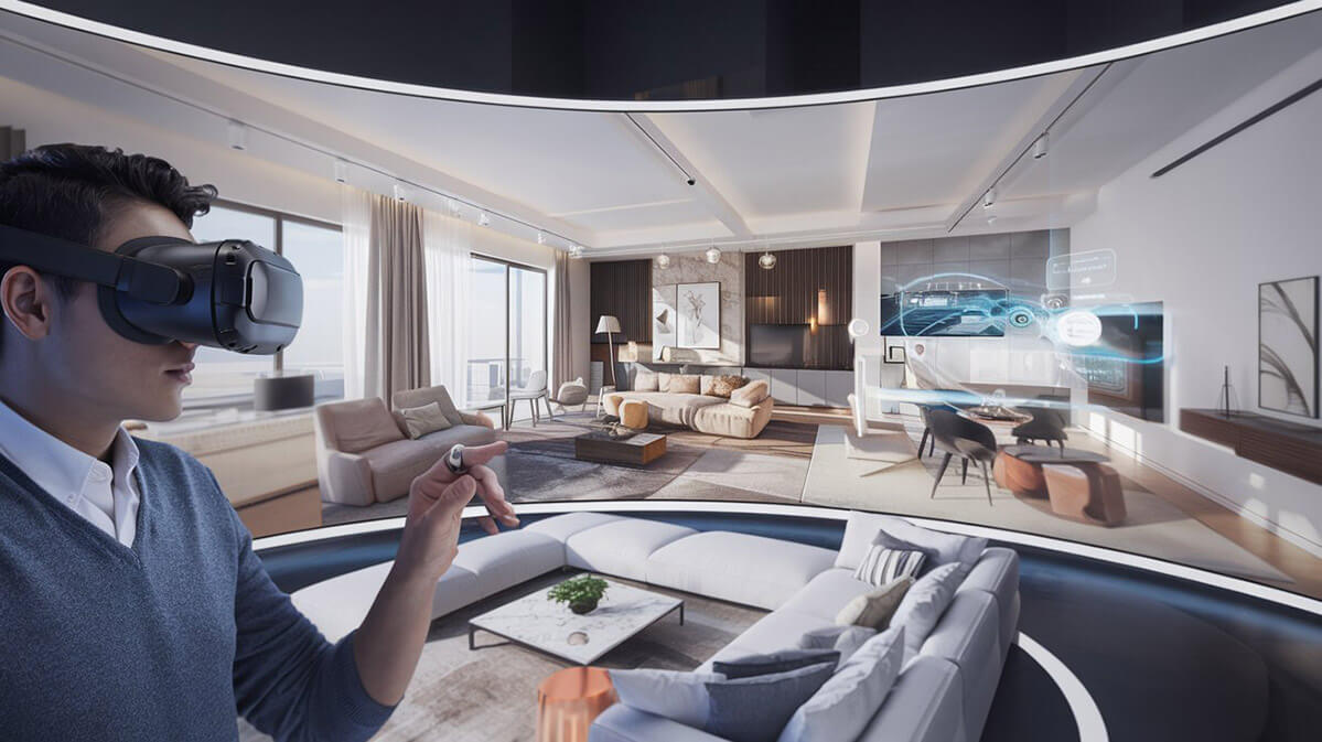 Immersive 3D Real Estate VR/AR Experience A VR/AR real estate experience with a user exploring a virtual home through a VR headset, showcasing interactive features like adjustable room layouts and furniture.