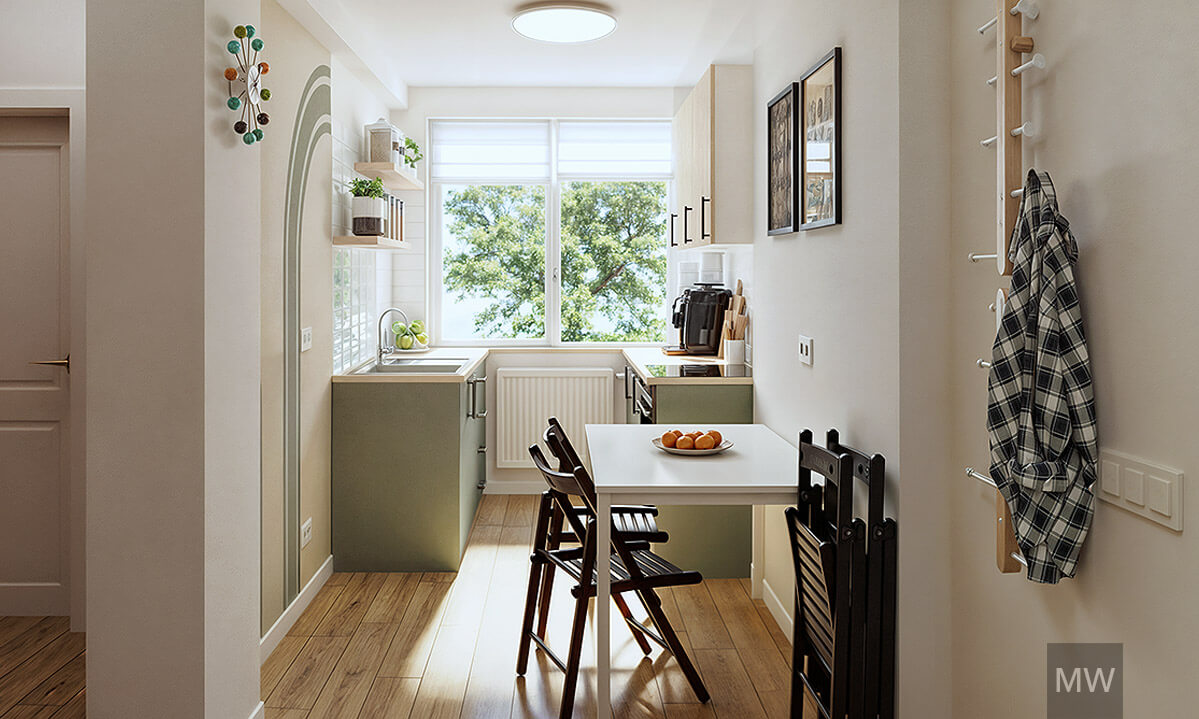 Contemporary Kitchen with a Touch of Nature A cozy modern kitchen and dining area with green and white cabinetry, wooden flooring, and a white dining table.