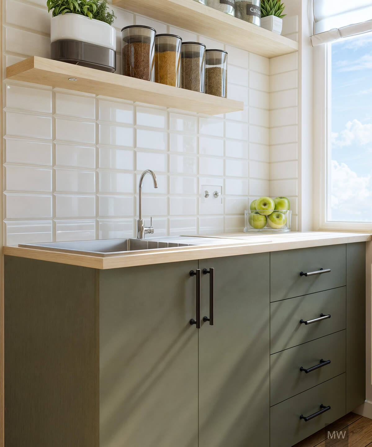 Stylish Modern Kitchen with Wooden and Green Accents A modern kitchen interior featuring a wooden shelf, green cabinets, and a bright window.