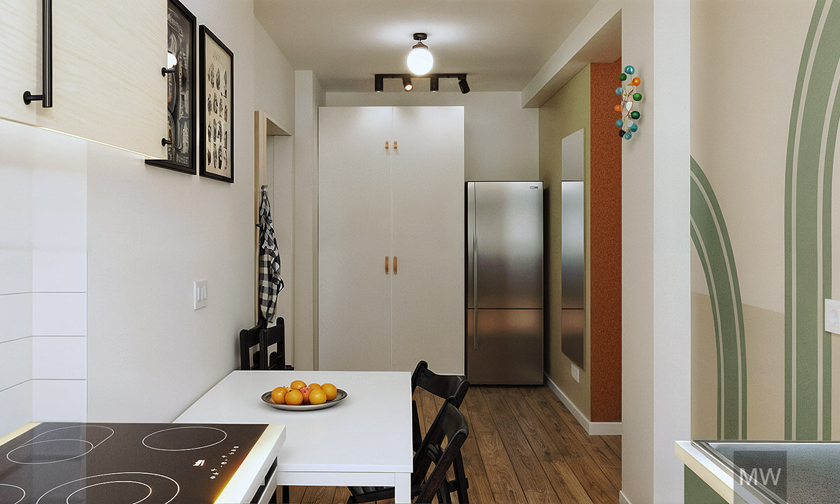 Modern Kitchen Design with Artistic Wall Accents A modern kitchen interior with a white countertop, wooden cabinets, and a dining table with two black chairs, highlighted by green and orange wall arches.