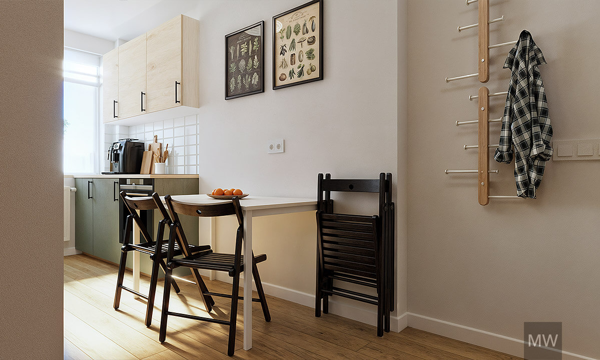 Bright and Cozy Kitchen Nook A cozy kitchen or dining area with natural light, framed botanical illustrations, and warm wooden flooring.