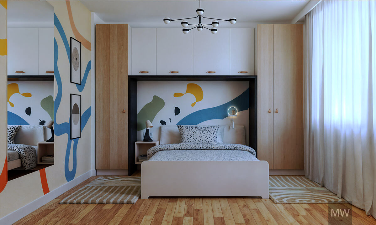 Modern Bedroom with Vibrant Accents A contemporary bedroom featuring white bedding, abstract wall art, and natural lighting.