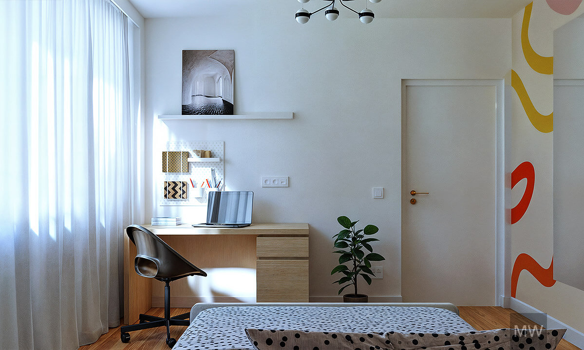 Minimalist Modern Room with Artistic Accents A minimalist modern room featuring a desk, bed, and artistic door design with natural light streaming through white curtains.