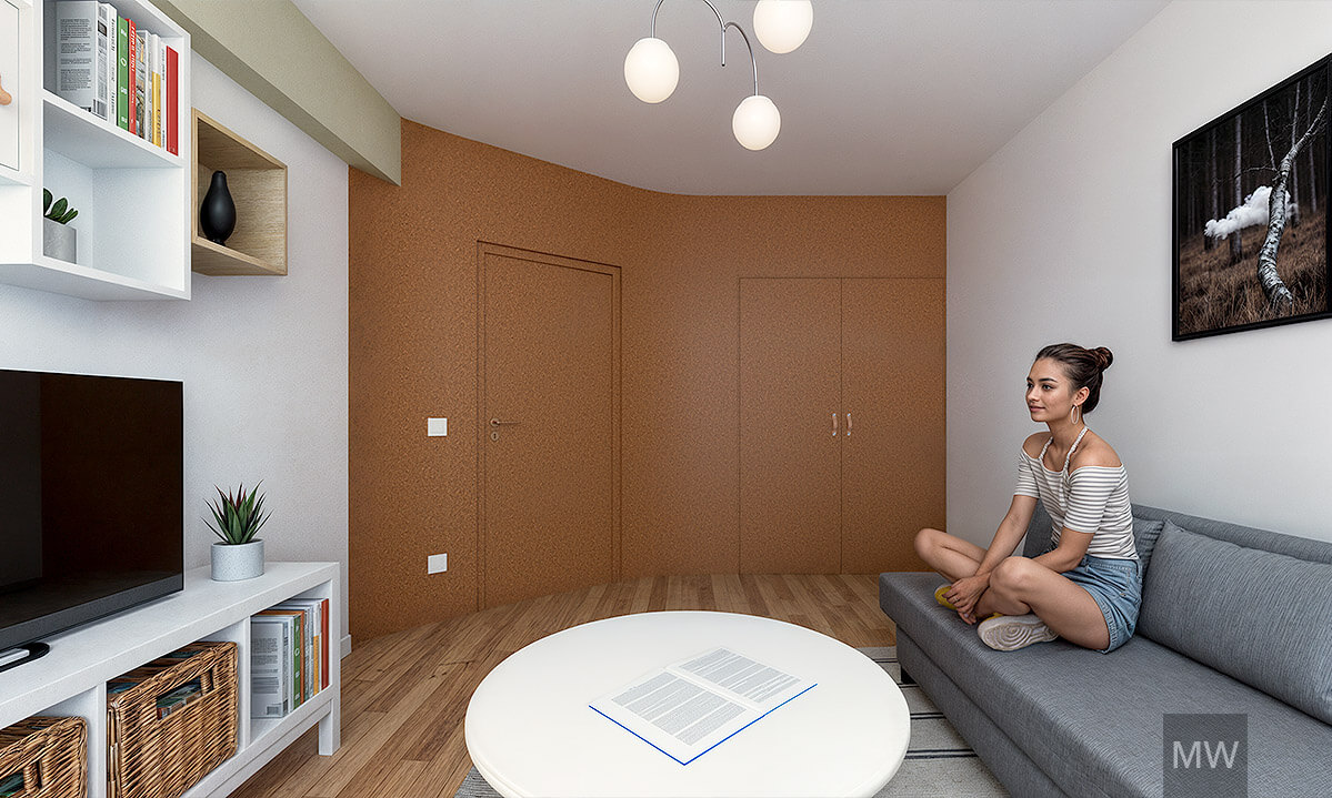 Modern Living Room with Relaxing Vibes A cozy modern living room with a young woman relaxing on a gray couch, surrounded by plants, books, and warm decor elements.